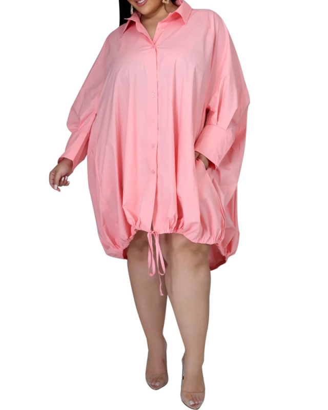 Ladies Fashion New Style Long Sleeve Wide Hem Lace Up Large Size Dress Solid Color S-XXXL