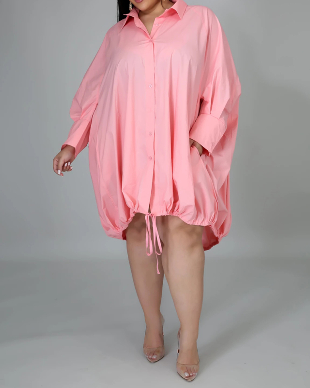 Ladies Fashion New Style Long Sleeve Wide Hem Lace Up Large Size Dress Solid Color S-XXXL
