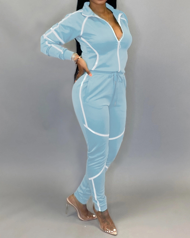 Ladies Fashion New Zipper Long-Sleeved Color Block Stitching Leisure Sports Two-Piece Suit S-XXL