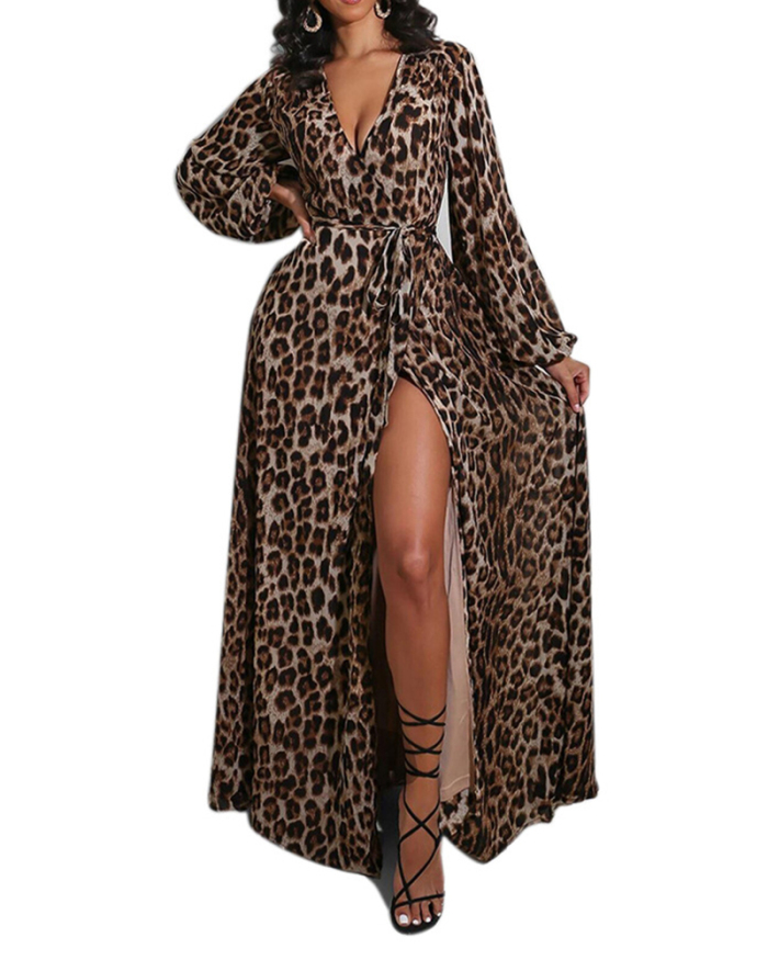 Ladies Fashion New Sexy Casual Leopard Print V-Neck Long Sleeves Slits Dress S-XXL