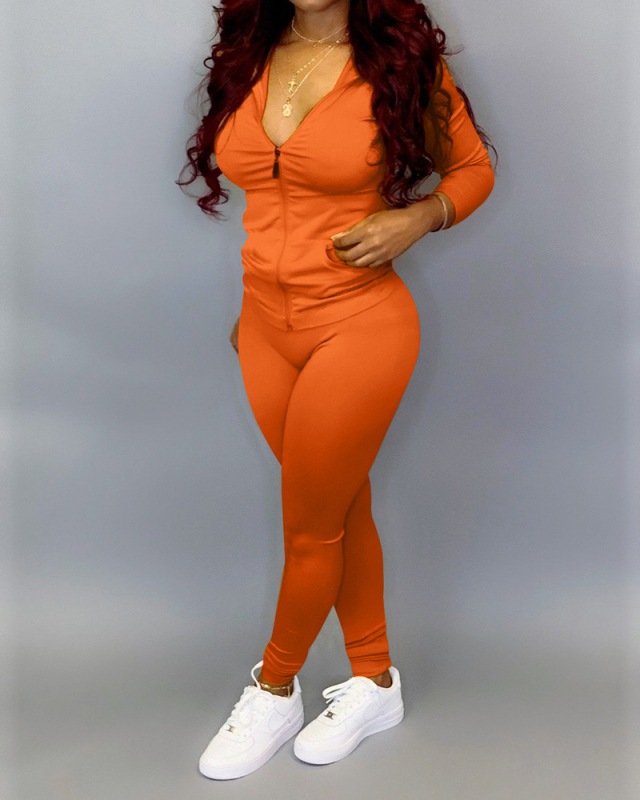 Women Casual Solid Color Hoodies Two Piece Set Yellow Orange Purple S-2XL