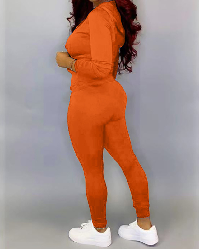 Women Casual Solid Color Hoodies Two Piece Set Yellow Orange Purple S-2XL