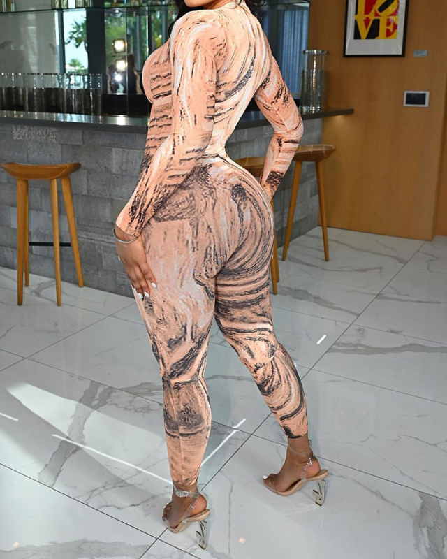 Printed Long Sleeve Tight Women Jumpsuit S-XXL