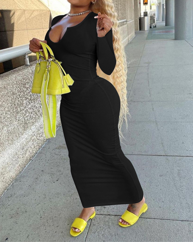 Long Sleeve V-neck Women Solid Color Hot Dress S-XXL