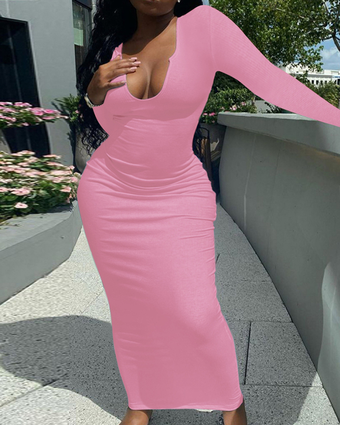 Long Sleeve V-neck Women Solid Color Hot Dress S-XXL