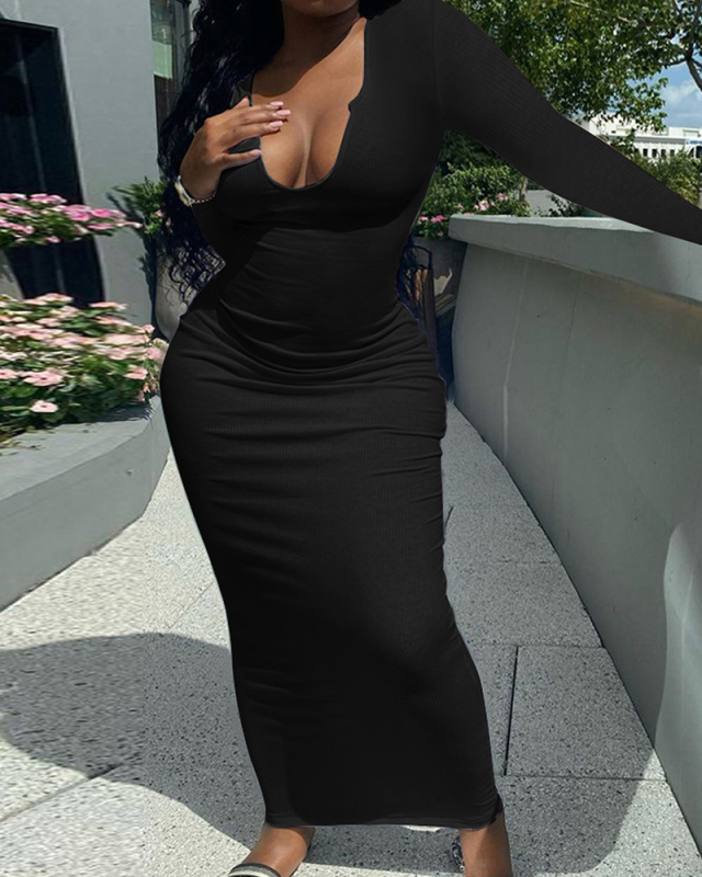 Long Sleeve V-neck Women Solid Color Hot Dress S-XXL
