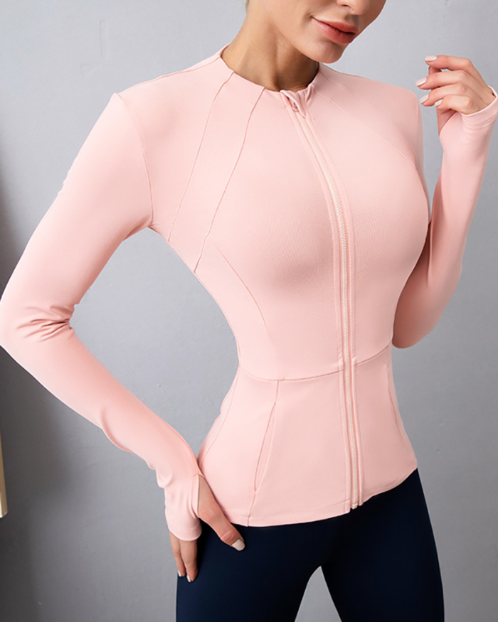 Ladies Fashion Round Neck Workout Long-Sleeved Pockets Zipper Tght-Fitting Slimming Sports Fitness Yoga Top S-XL