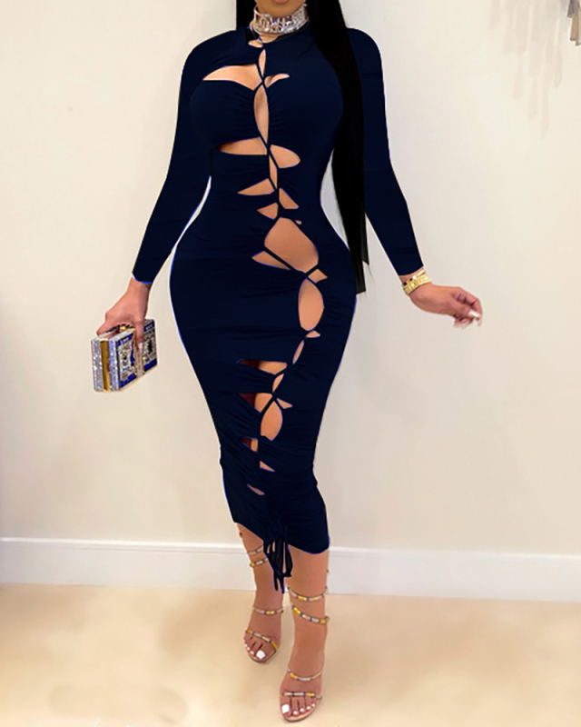 Ladies Fashion Explosive Sexy Bandage Hollow Slim Long Dress Solid Color S-XXL