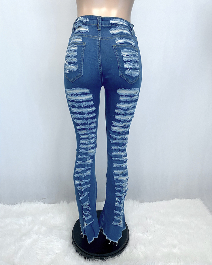 Women Hole Fashion High Waist Wide Leg Pants Jeans Blue S-2XL
