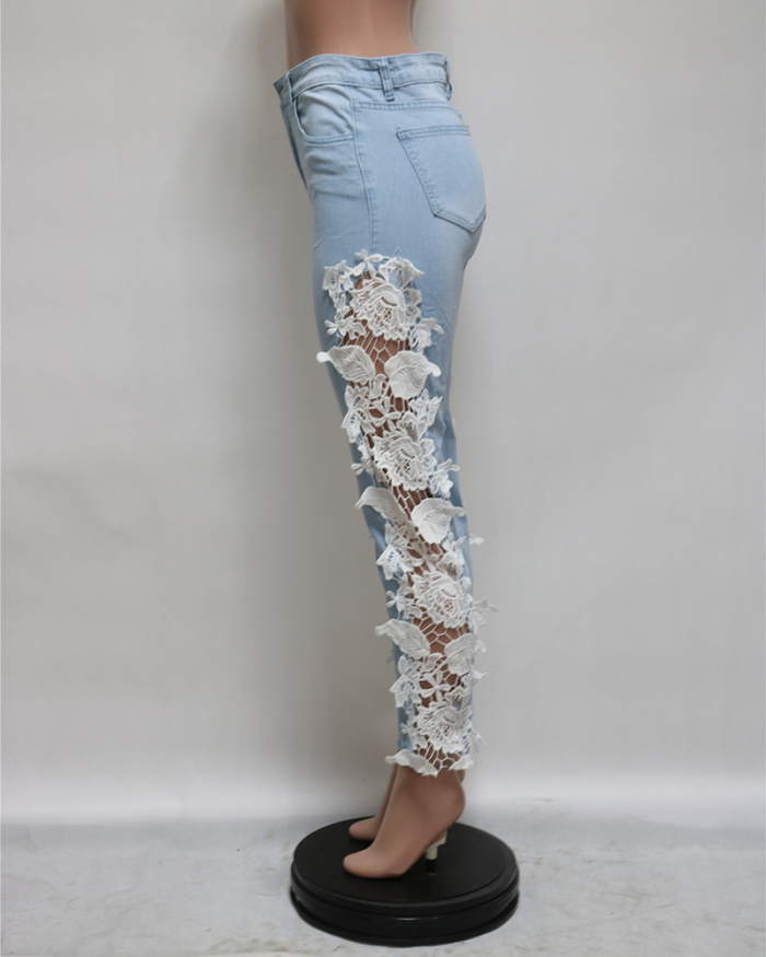Women Lace Patchwork Hollow Out Jeans Pants Black Blue S-2XL