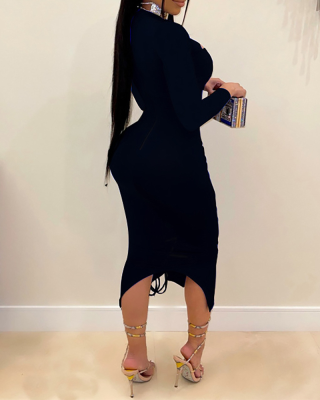 Ladies Fashion Explosive Sexy Bandage Hollow Slim Long Dress Solid Color S-XXL