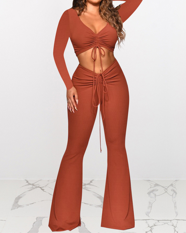 Long Sleeve Solid Color V-neck Women Two Piece Pant Set S-XXL