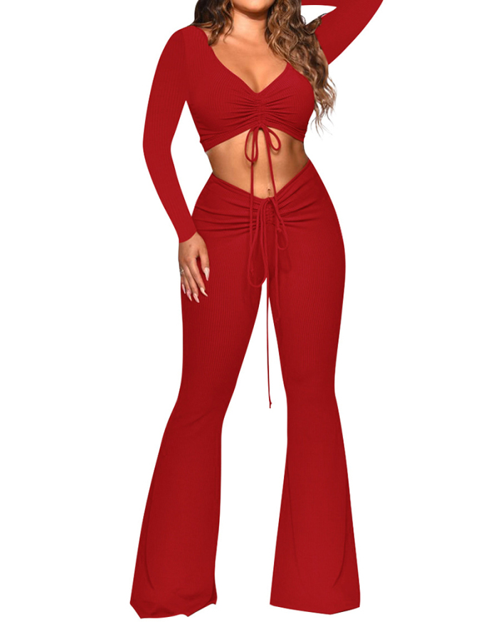 Long Sleeve Solid Color V-neck Women Two Piece Pant Set S-XXL