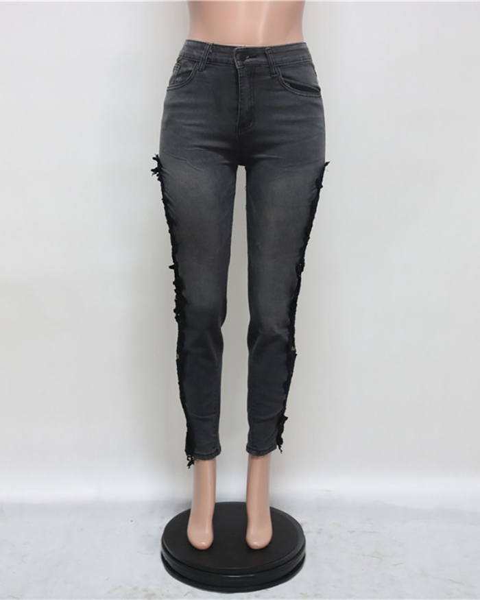 Women Lace Patchwork Hollow Out Jeans Pants Black Blue S-2XL