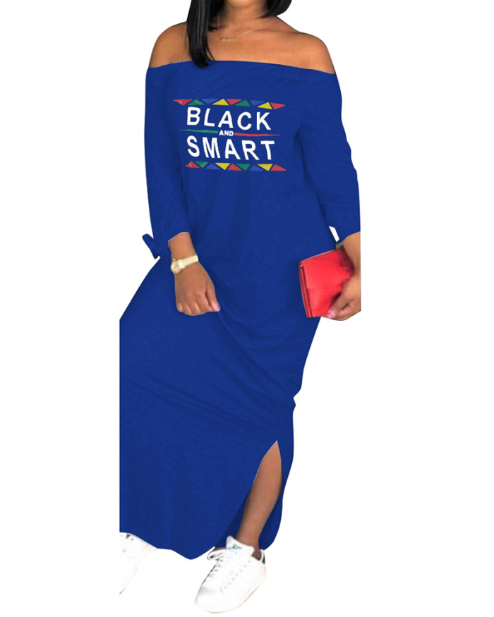 Women Printed Long Sleeve Off Shoulder Slit Maxi Casual Dresses S-3XL