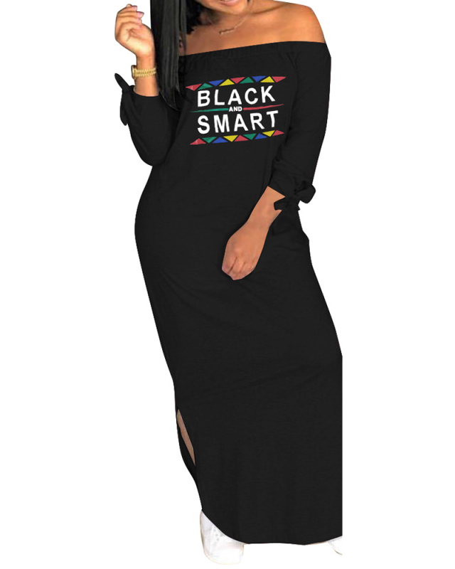 Women Printed Long Sleeve Off Shoulder Slit Maxi Casual Dresses S-3XL