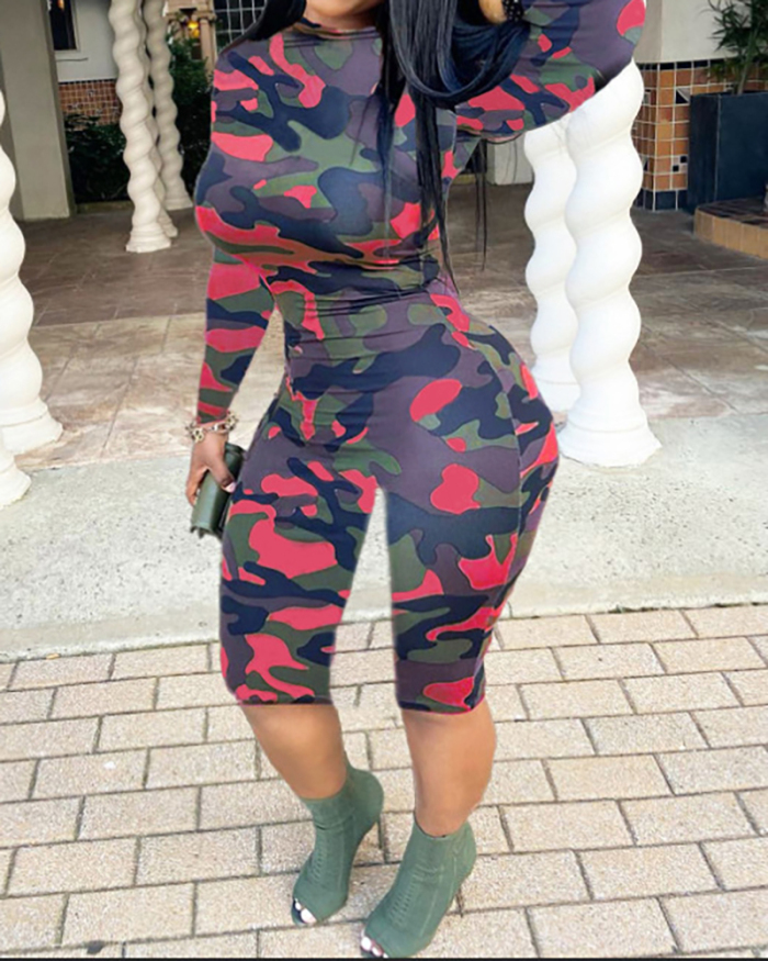 Women Camouflage Printing Long Sleeve Jumpsuit Red S-L 