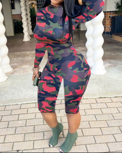 Women Camouflage Printing Long Sleeve Jumpsuit Red S-L 