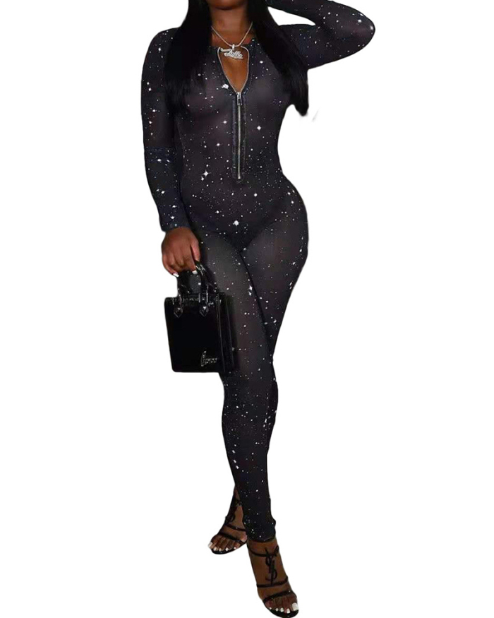 Lady Casual Printing V-Neck Party Jumpsuit Black S-2XL 