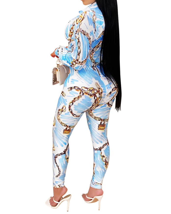 Ladies Fashion New Digital Printed Waist Casual Long Sleeve Two-Piece Suit S-XXL