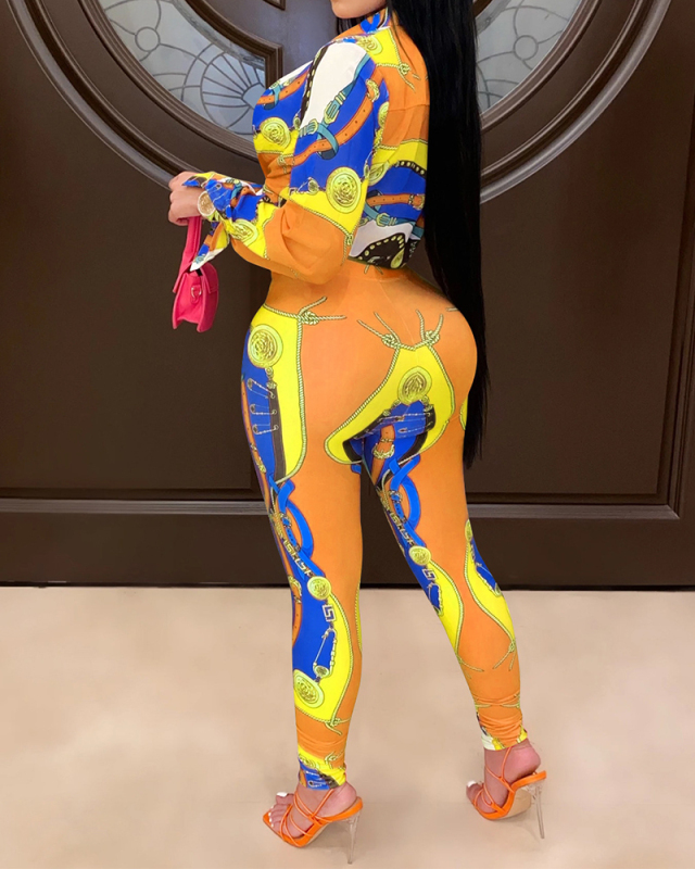 Ladies Fashion New Digital Printed Waist Casual Long Sleeve Two-Piece Suit S-XXL