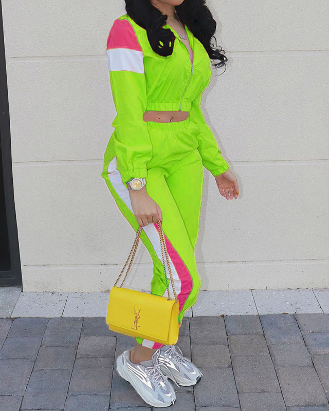 Lady Sporty Street Style Casual Two Piece Set Yellow Orange Red Black Green S-2XL 