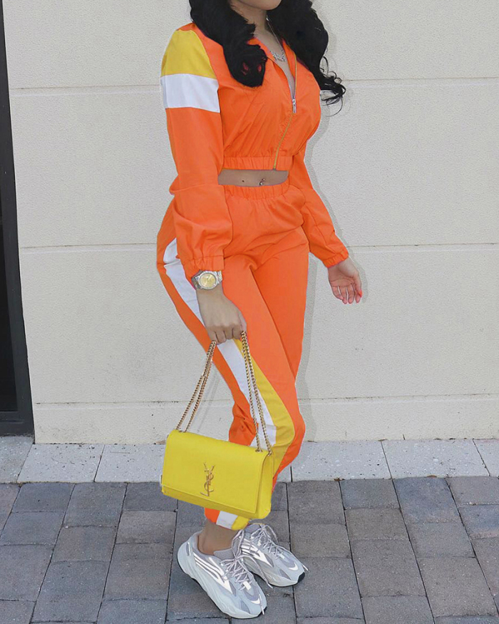 Lady Sporty Street Style Casual Two Piece Set Yellow Orange Red Black Green S-2XL 