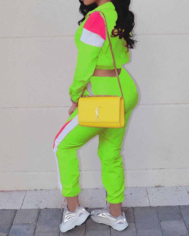 Lady Sporty Street Style Casual Two Piece Set Yellow Orange Red Black Green S-2XL 