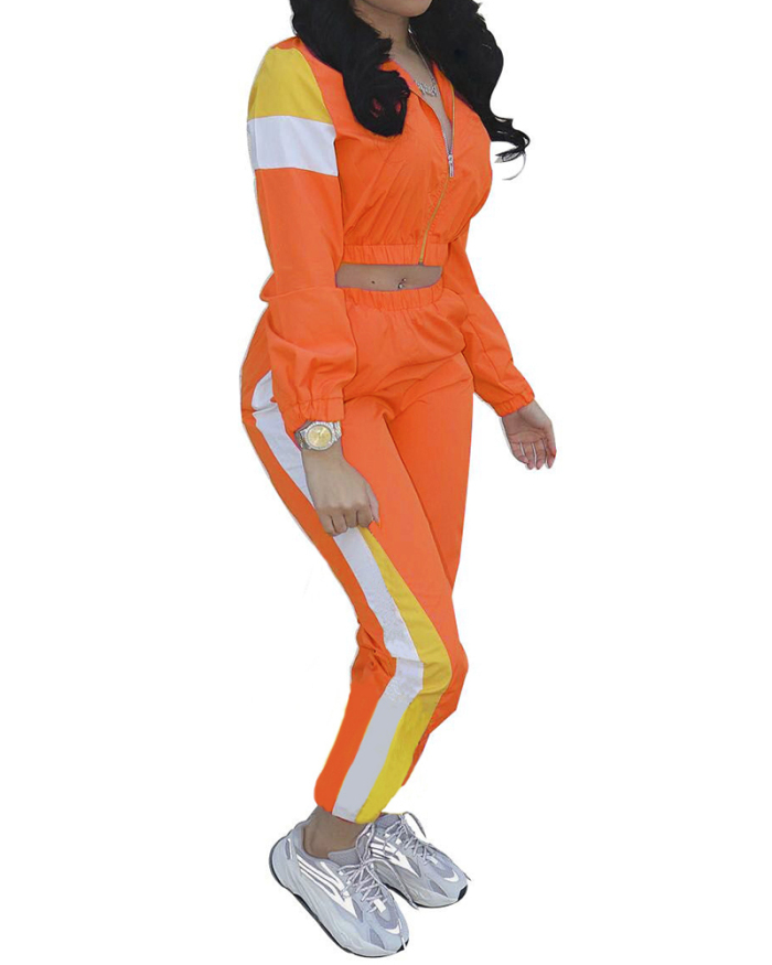 Lady Sporty Street Style Casual Two Piece Set Yellow Orange Red Black Green S-2XL 