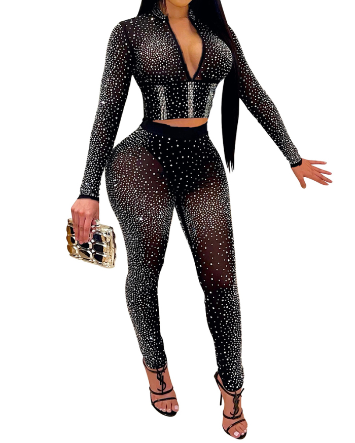 Ladies Fashion New Nightclub Hot Drilling V-Neck Long-Sleeved Trousers Two-Piece Suit S-XXL
