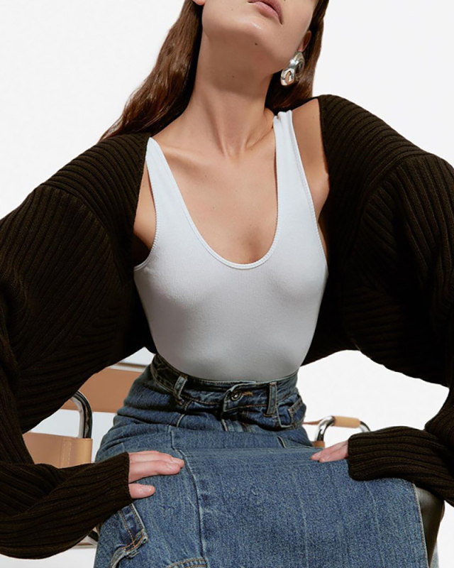 Ladies Fashion New Woolen Sexy Ultra Short Long Sleeve Sweater Coat Solid Color 