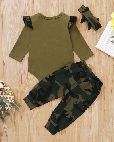 Baby Girls Boys Clothes Set Camouflage Short Sleeve Letter Printed Bodysuit Tops+Pants Toddler