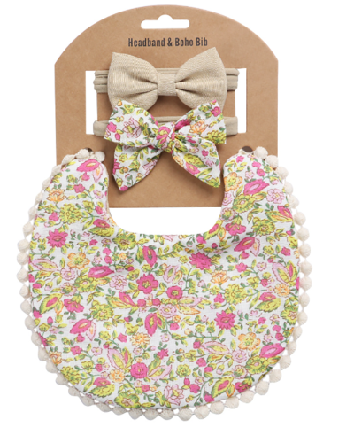 3Pcs/set Baby Headband Bib Set Tassel Saliva Towel Floral Print Bandana Bibs For Baby Girls Washable Burp Cloth Baby Feeding