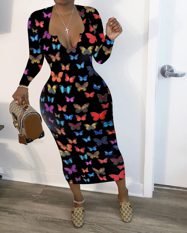 Lady Butterfly Printing V-Neck One Piece Dress White Black S-XL 