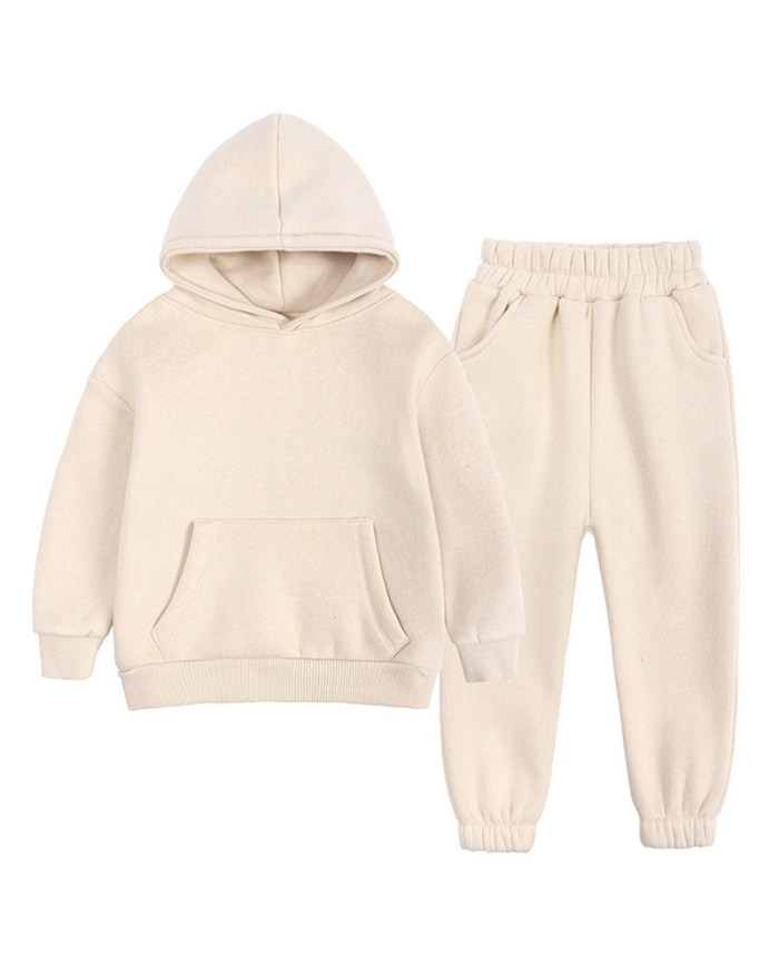 Kids Autumn Winter Long Sleeve Solid Color Hoodies Plus Fleece Sportswear Two Piece Sets