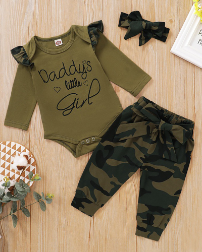 Baby Girls Boys Clothes Set Camouflage Short Sleeve Letter Printed Bodysuit Tops+Pants Toddler