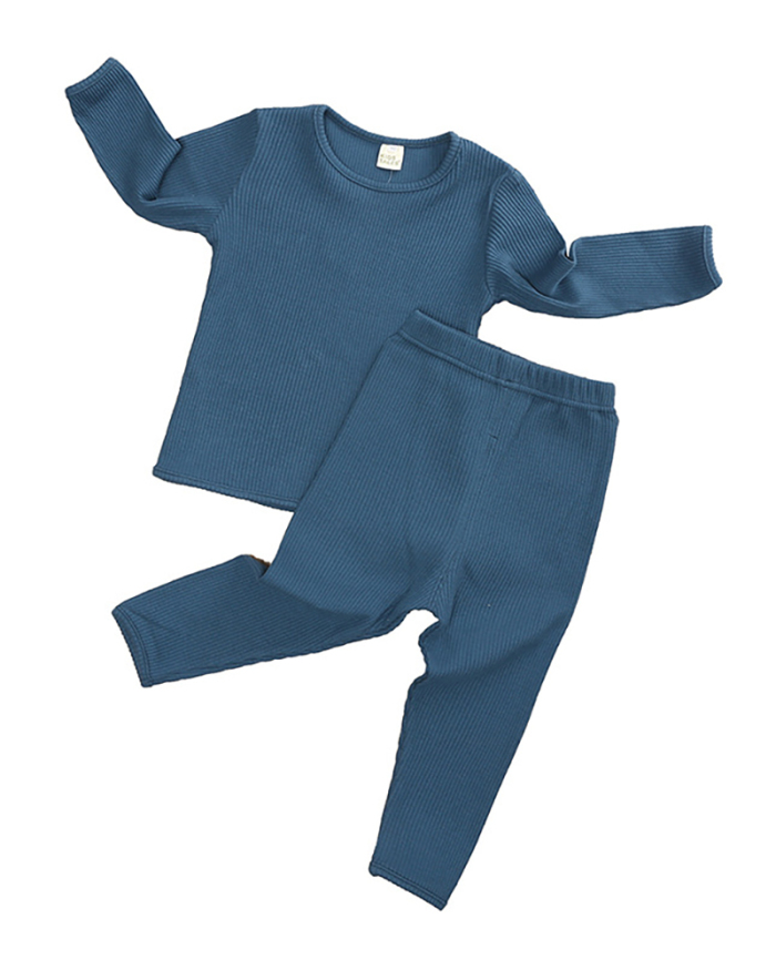 Kids Solid Color Long Sleeve O-Neck Pit Article Fabrics Sleepwear Home Wear Tracksuit Two Pieces Set