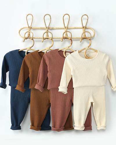 Kids Solid Color Long Sleeve O-Neck Pit Article Fabrics Sleepwear Home Wear Tracksuit Two Pieces Set