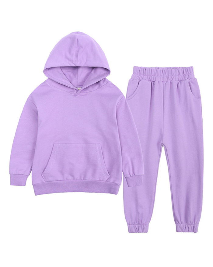 Kids Autumn Winter Long Sleeve Solid Color Hoodies Plus Fleece Sportswear Two Piece Sets