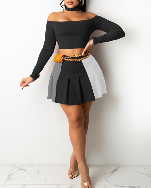 Ladies Fashion New Sexy One-Shoulder Contrast Color Pleated Skirt Two-Piece Suit S-XXL