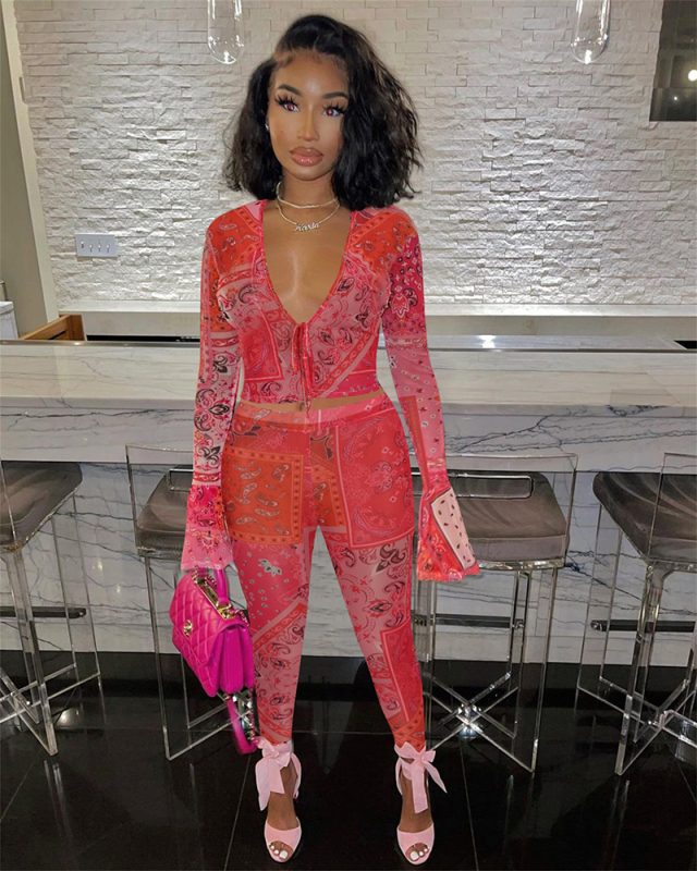 See Through Women Long Sleeve V-neck Autumn Two Piece Pant Set S-XL