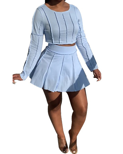 Ladies Fashion Sexy Solid Color Casual Personality Long-Sleeved Short Skirt Two-Piece Suit S-XXL