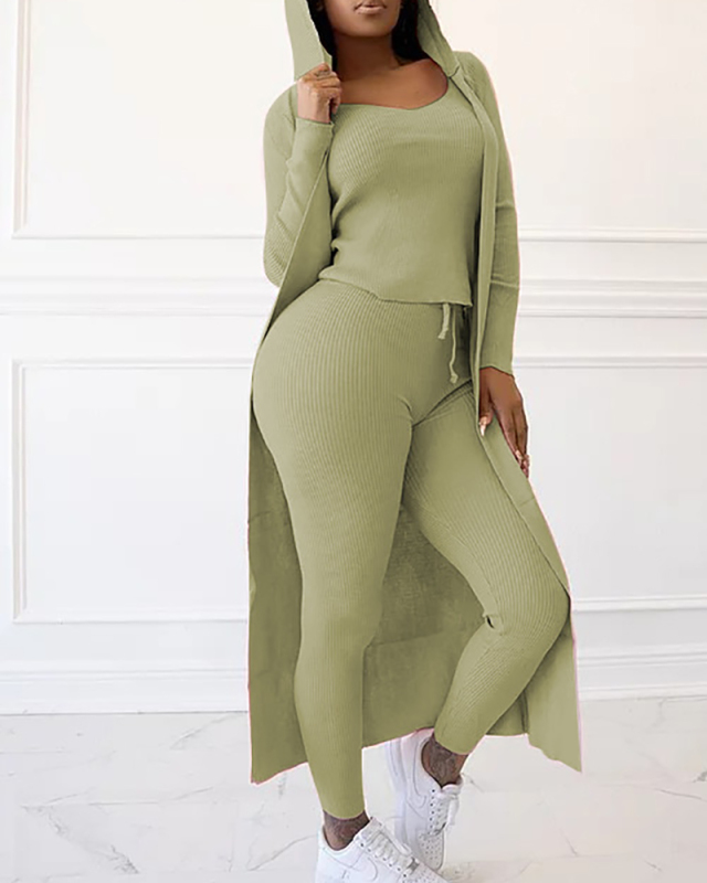 Ladies Fashion New Rib Jacket Vest Pencil Pants Three-piece Set Solid Color S-XXL