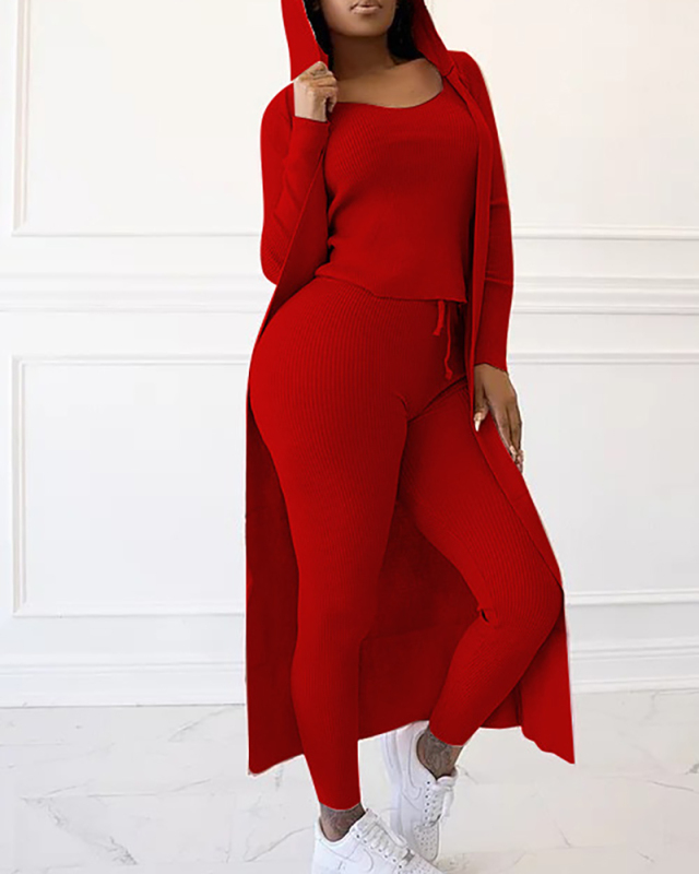 Ladies Fashion New Rib Jacket Vest Pencil Pants Three-piece Set Solid Color S-XXL