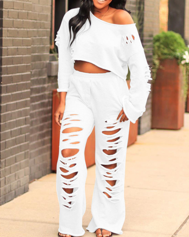 Women Solid Color Hollow Out Two Piece Set White Pink Gray Black Blue S-2XL 