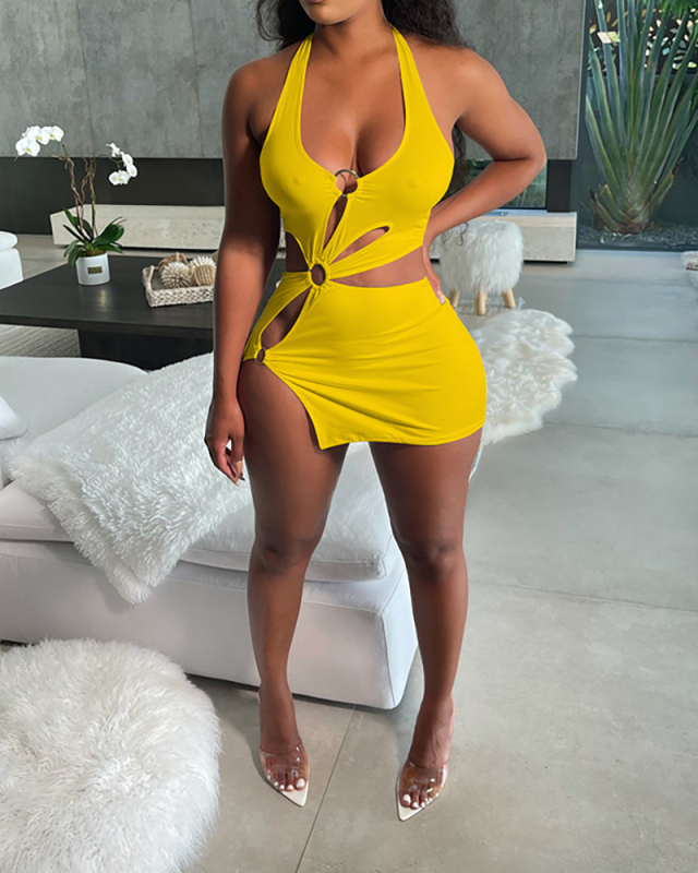 Women Solid Color Sleeveless Hollow Out Mini Casual Dresses White Yellow Orange Red Black S-2XL