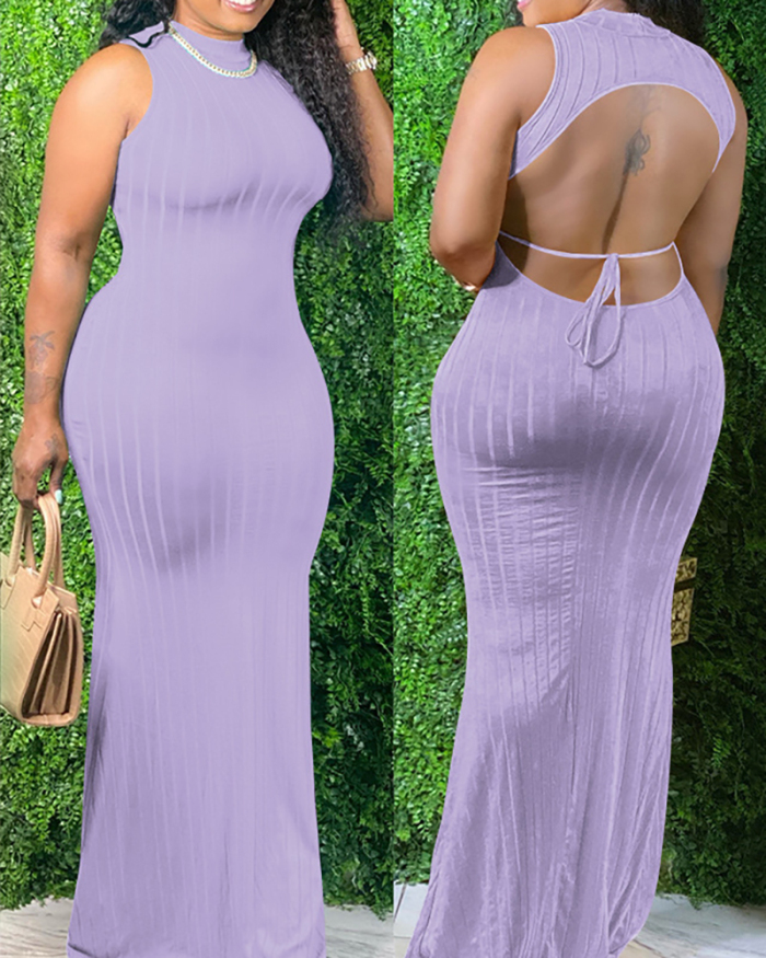 Ladies Solid Color Sleeveless Backless Sexy Maxi Dresses Black Yellow Purple Blue Pink S-2XL