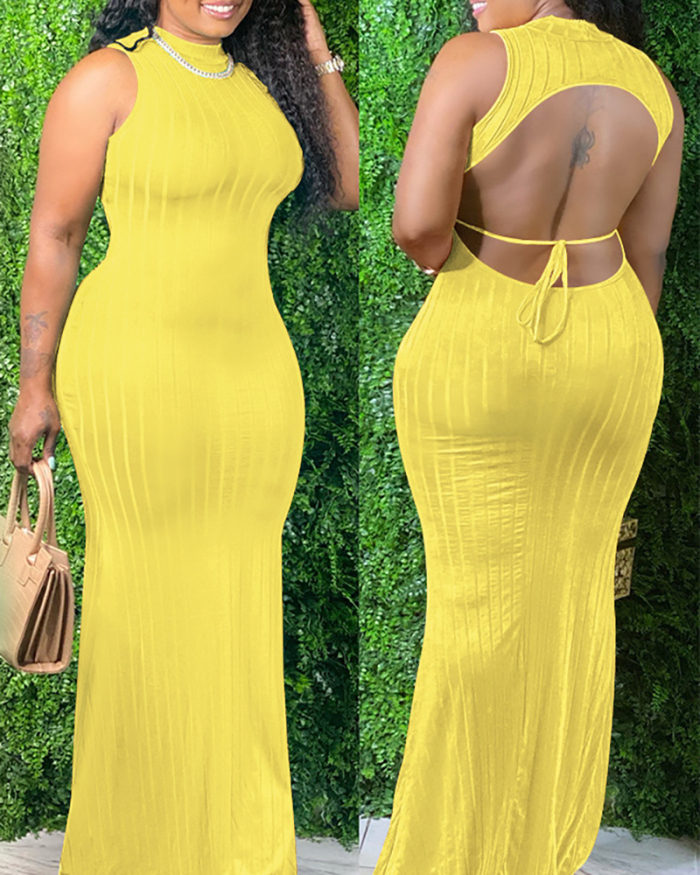 Ladies Solid Color Sleeveless Backless Sexy Maxi Dresses Black Yellow Purple Blue Pink S-2XL