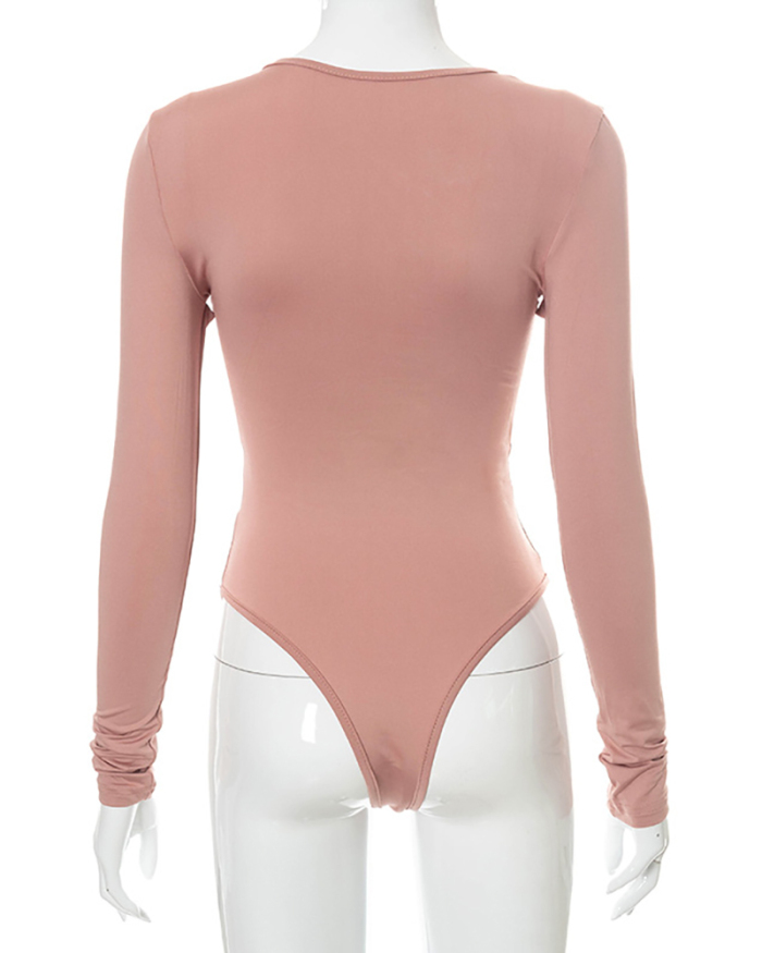 Newest Lady Long Sleeve Solid Color Criss Cross Front Hollow Out Sexy Teddy Bodysuit Black Pink White S-L