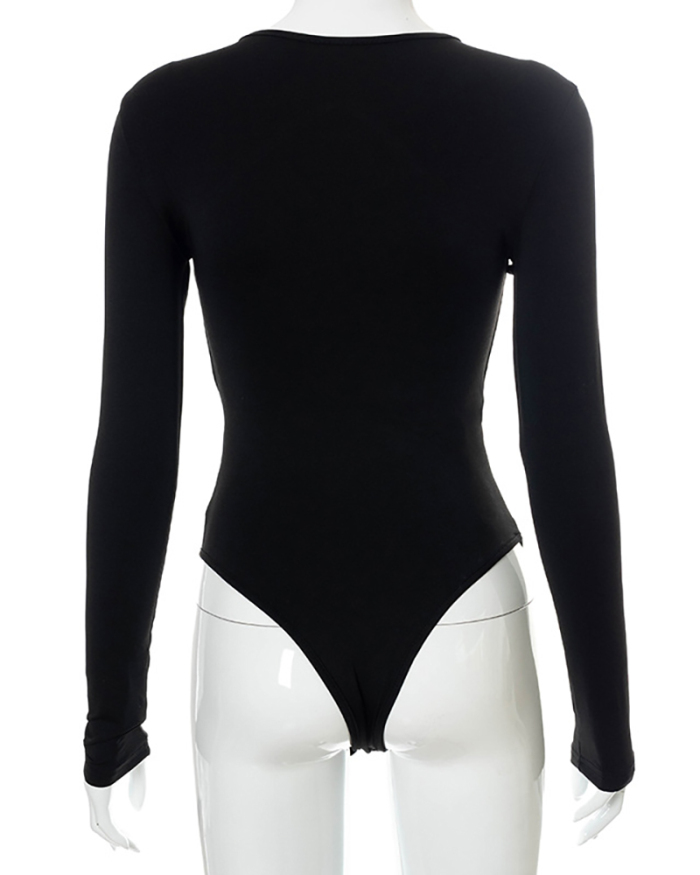 Newest Lady Long Sleeve Solid Color Criss Cross Front Hollow Out Sexy Teddy Bodysuit Black Pink White S-L